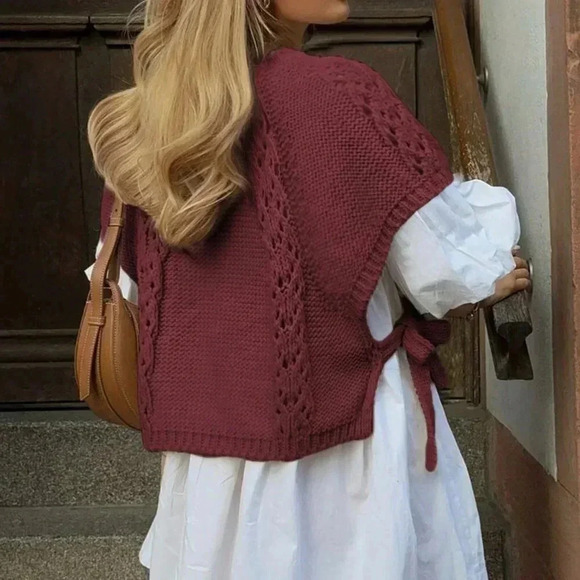 Burgundy Casual Women's Side Tie Round Neck Cap Sleeve Sweater - Picture 5 of 7